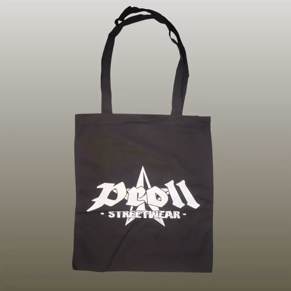 Beutel mit Proll-Streetwear-Logo, weiß auf schwarz.