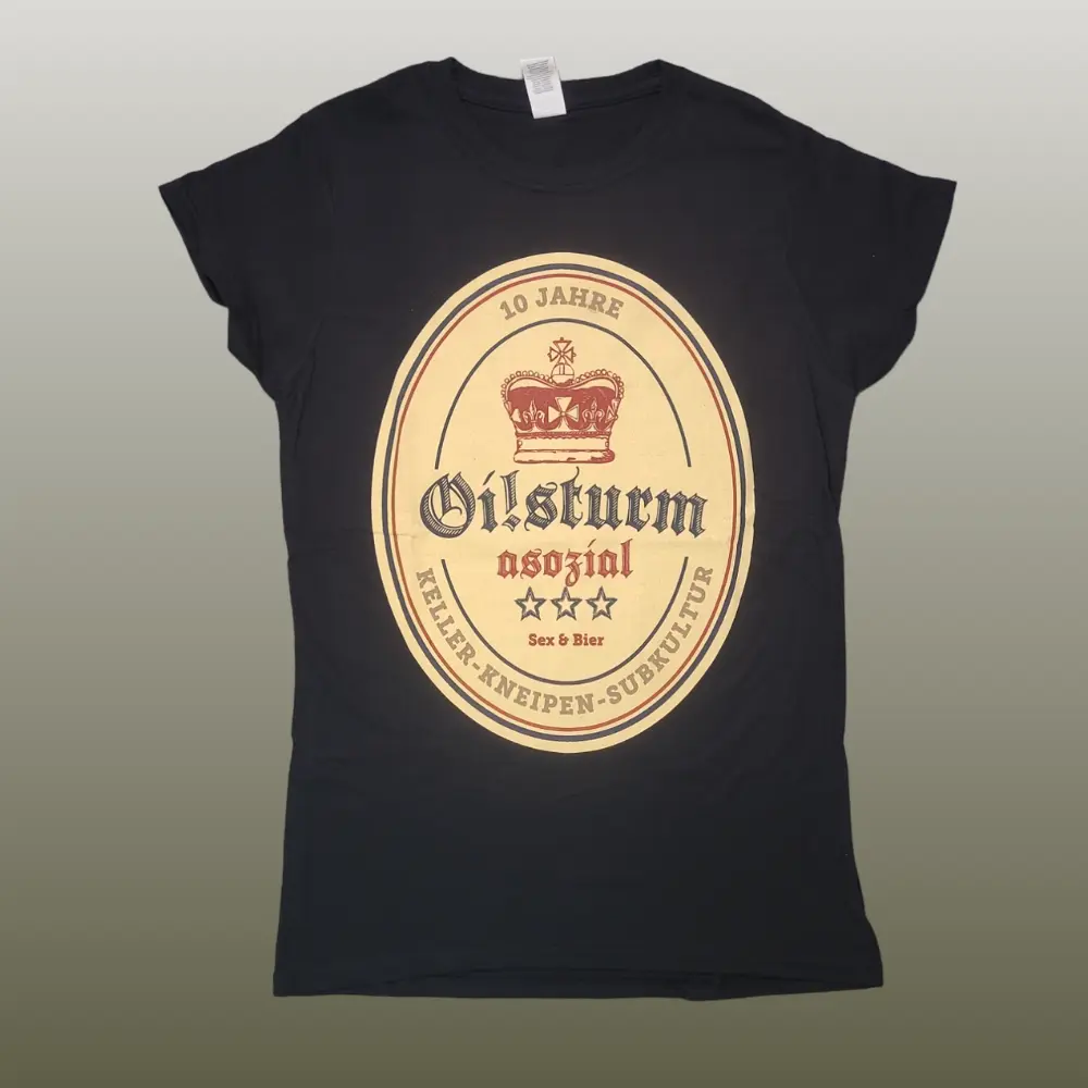 Schwarzes Girlie-Shirt mit gelb-rotem Motiv zu 10 Jahre Oi!Sturm Asozial - Keller, Kneipen, Subkultur.