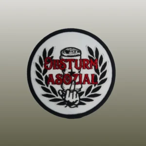 Patch mit dem Logo der Band Oi!Sturm Asozial auf weißem Hintergrund und mit schwarzem Rand