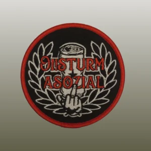 Patch mit dem Logo der Band Oi!Sturm Asozial auf schwarzem Hintergrund und mit rotem Rand