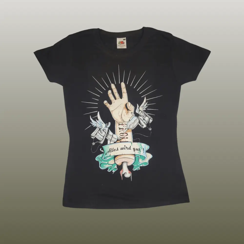 Schwarzes Girlieshirt mit Tattoo-Grafik und Schriftzug Alles wird gut.