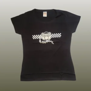 Schwarzes Girlieshirt mit Bulldoggenmotiv und gesschnörkeltem Schriftzug This is Ska.