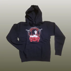 Schwarzer Hoodie, mit Prolline-Frauenmotiv im 20er Style, Rosen und Waffen.