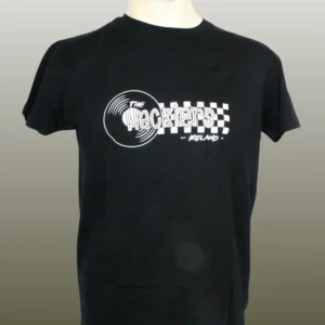 Schwarzes Girlie-Shirt mit Schallplatten-Motiv und Schriftzug der Band The Hacklers.