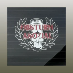 Heckaufkleber der Band Oi!Sturm Asozial mit Dosenbier, Mittelfinger und Ehrenkranz.