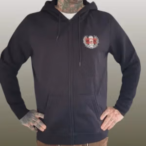 Schwarze Sweatjacke mit Kapuze und gesticktem Logo der Band Oi!Sturm Asozial auf der linken Brust.