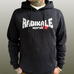 Klassischer schwarzer Kapuzenpullover mit weißer Schrift Radikale Akzeptanz.
