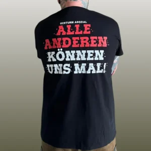 oisturm-asozial-shirt-alle-anderen-black-back Rückseite des schwarzen Oi!Sturm-Shirts mit dem rot-weißen Schriftzug Alle anderen können uns mal!