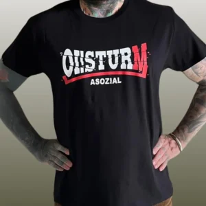 Schwarzes Bandshirt mit weiß-rotem Schriftzug Oi!Sturm Asozial.