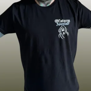 Schwarzes Oisturm-Asozial-Shirt mit kleiner Spinne und Schritzug in Weiß auf der Brust.
